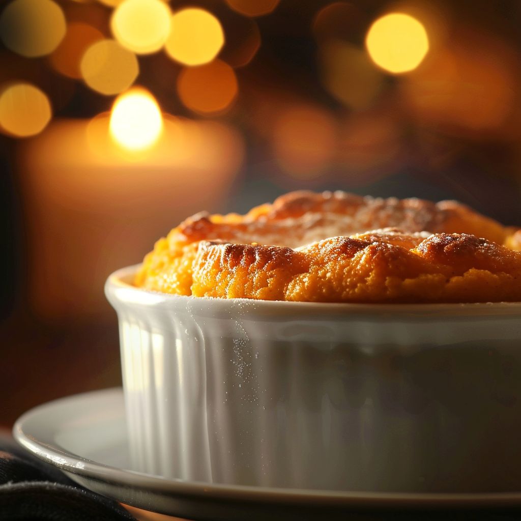 Close-up view of a fluffy Sweet Potato Soufflé topped with a golden crust.