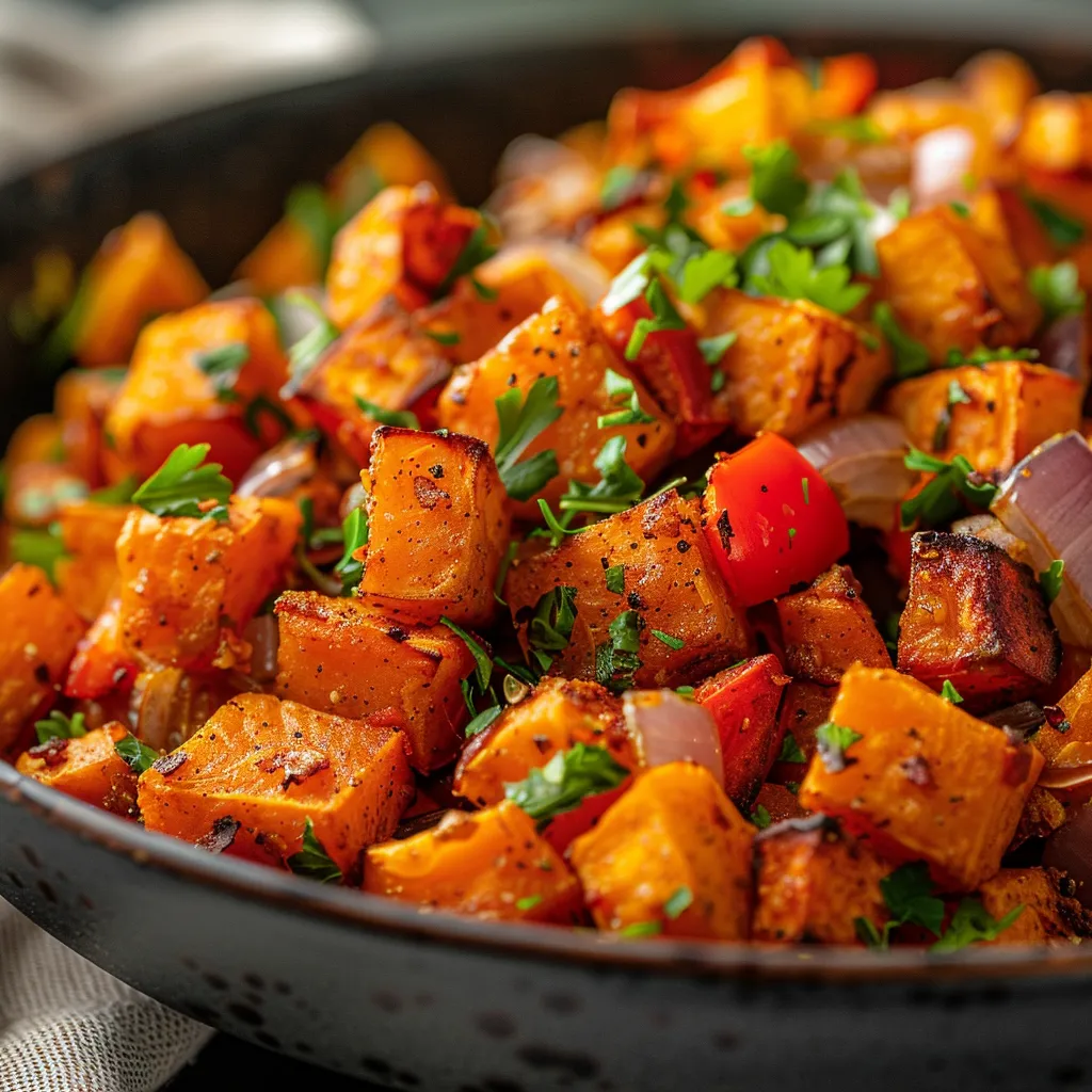 Deliciously arranged Savory Sweet Potato Hash with a blend of vegetables highlighted in soft natural light.