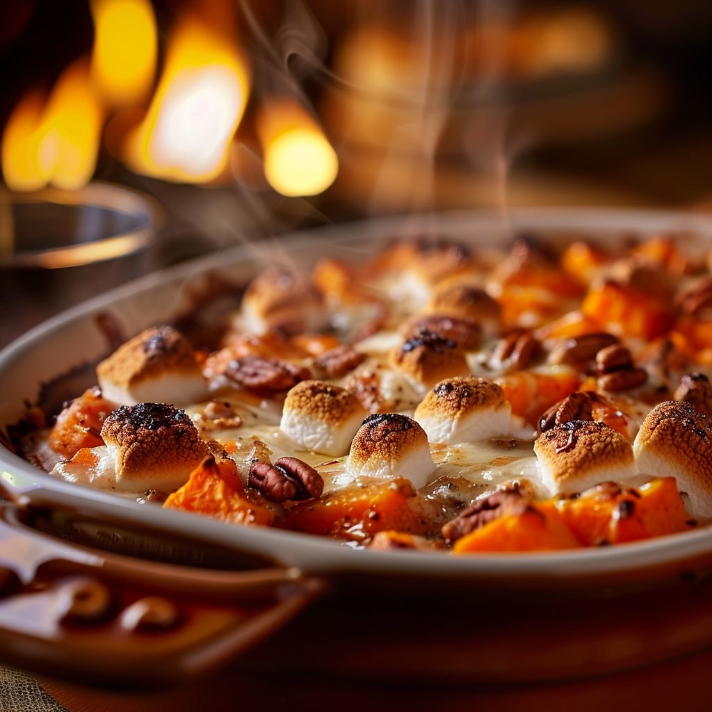 Close-up of a Southern Maple Sweet Potato Casserole topped with mini marshmallows and pecans.