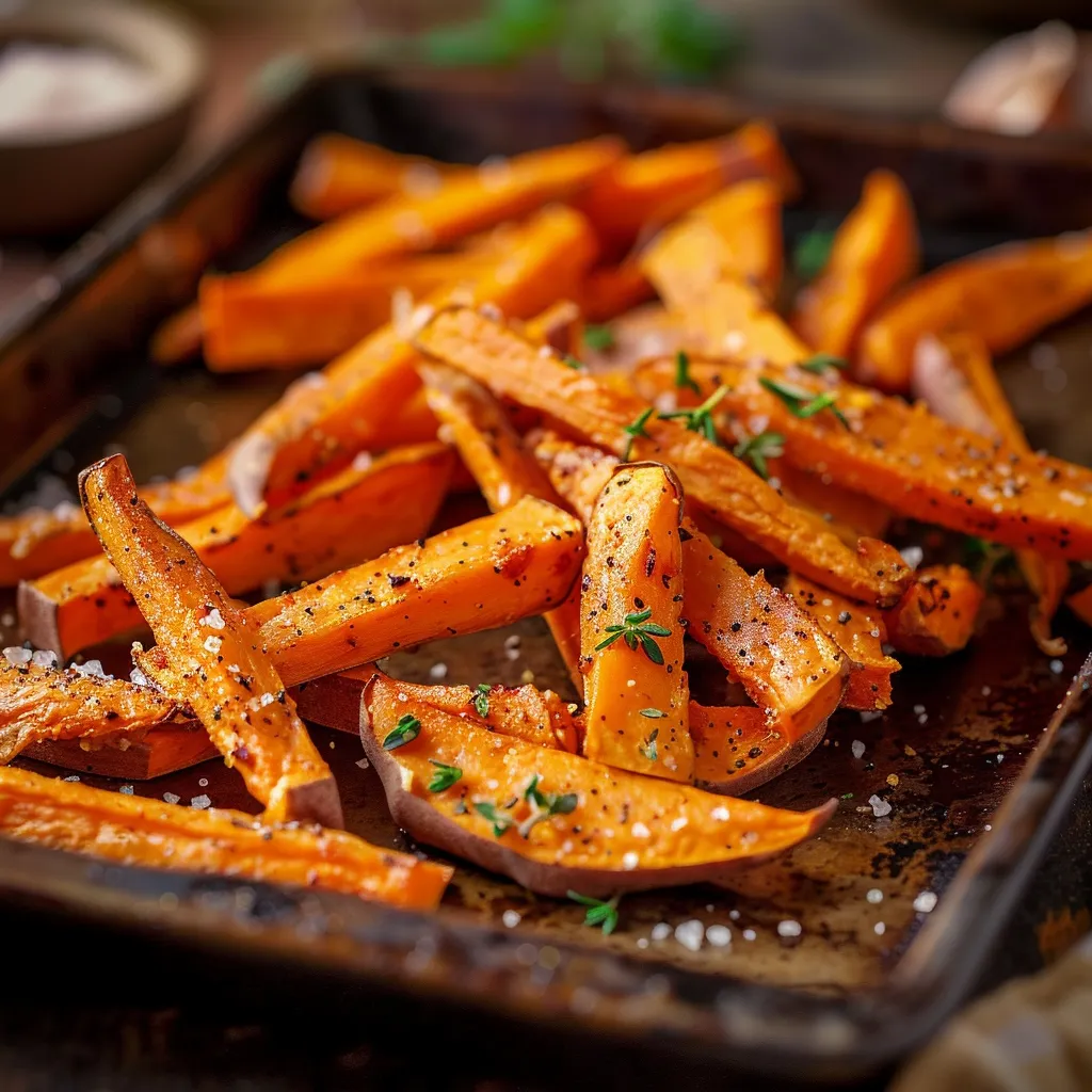 Appetizing oven-baked sweet potato fries with a soft, blurred background, highlighting their rich color.