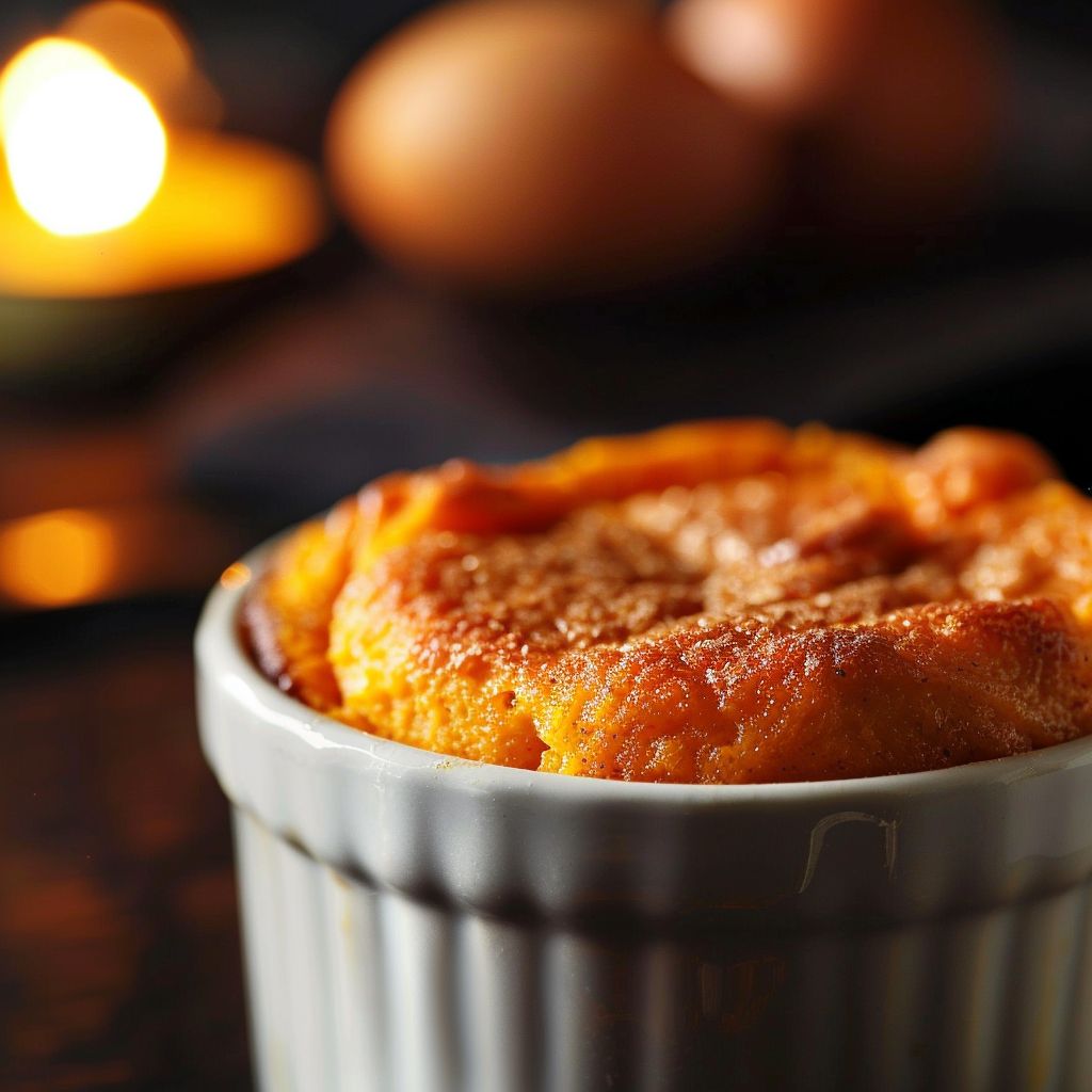 Close-up of a fluffy sweet potato soufflé topped with a golden crust, sitting in a ramekin.