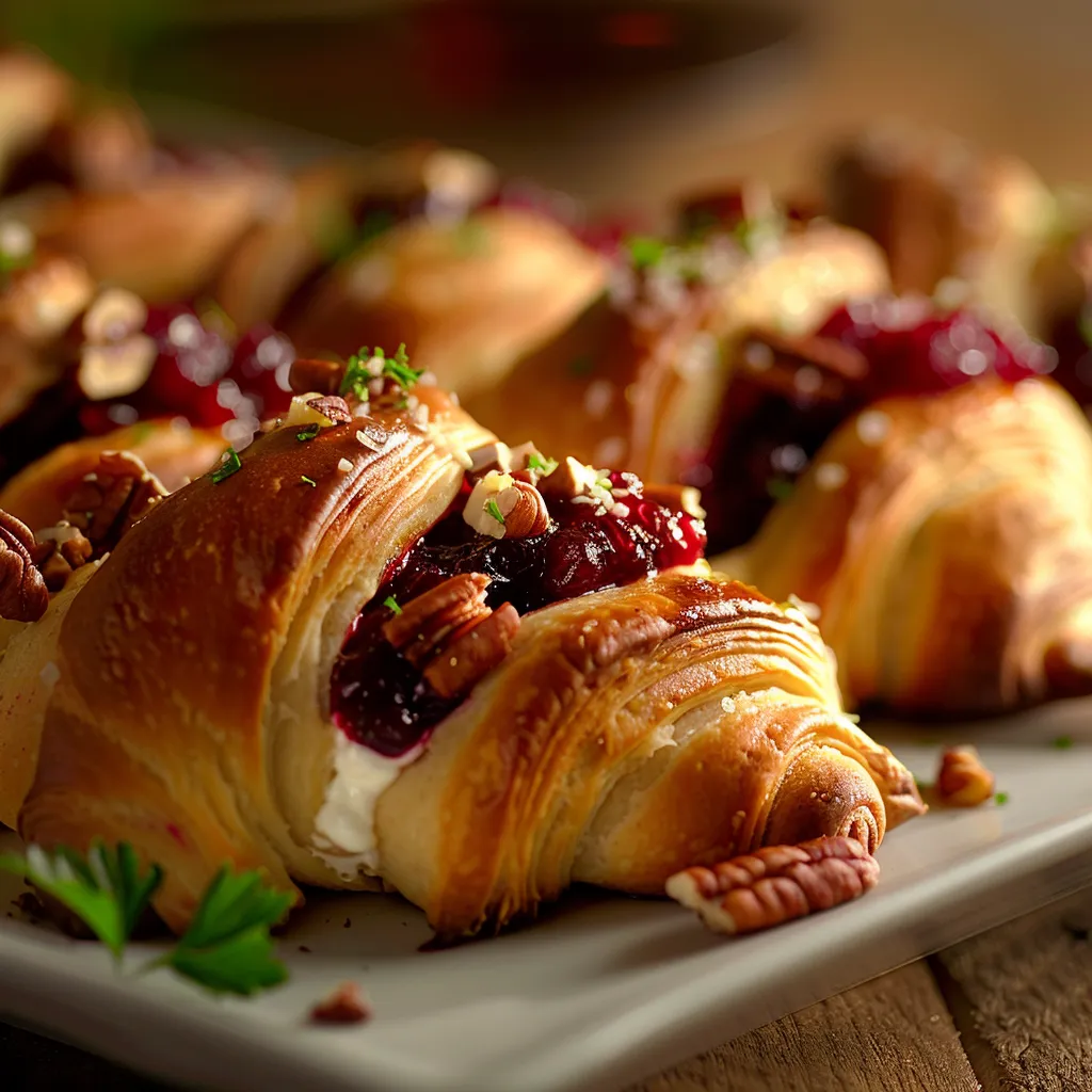 Cozy presentation of golden crescent rolls topped with cranberry and cream cheese.