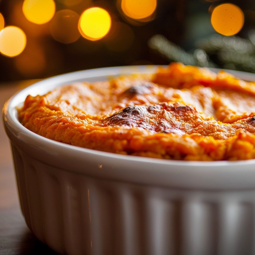 Close-up of a creamy sweet potato soufflé topped with mini marshmallows and pecans in a cozy setting.