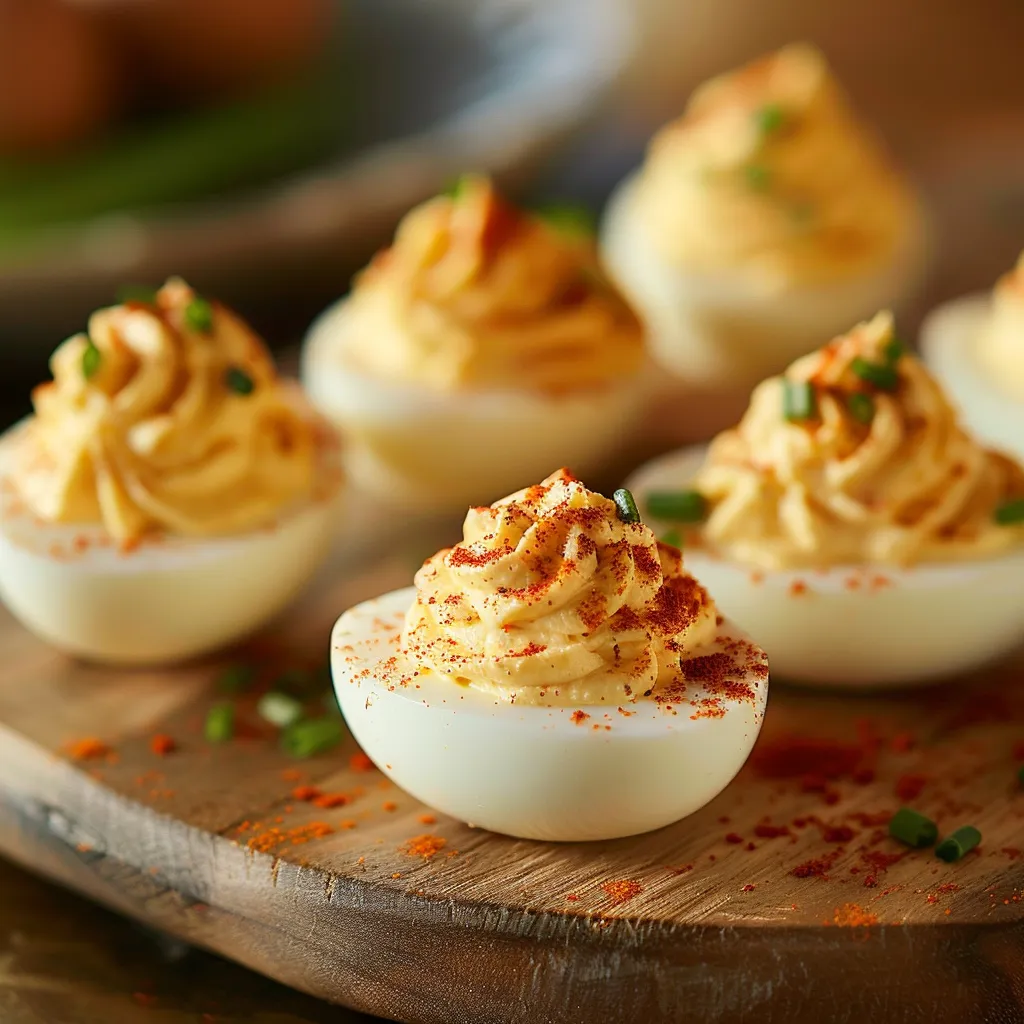 A plate of Thanksgiving Deviled Eggs showcasing creamy filling and colorful toppings, captured in soft lighting.