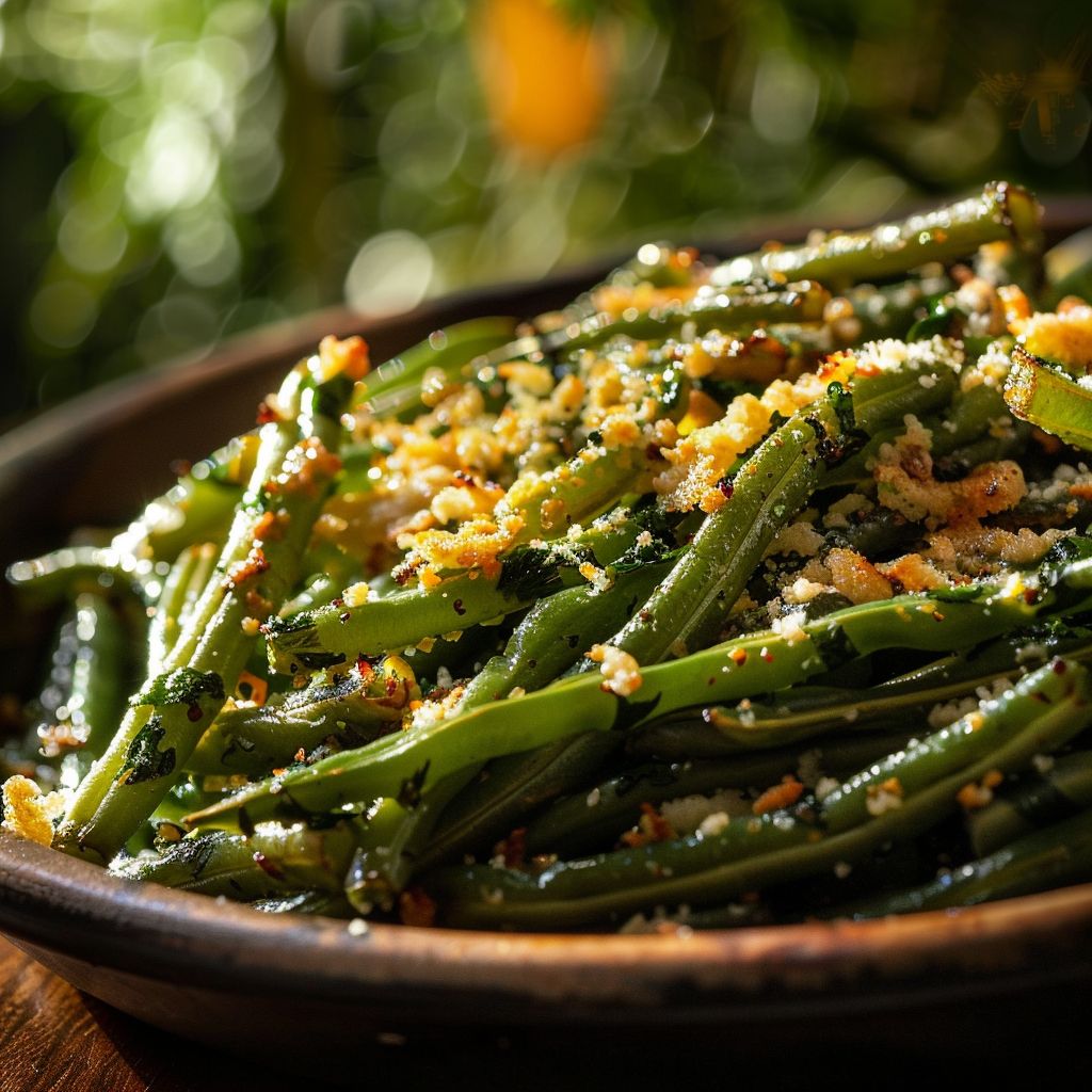 Close-up of crispy garlic parmesan roasted green beans on a plate, showcasing a golden-brown texture.