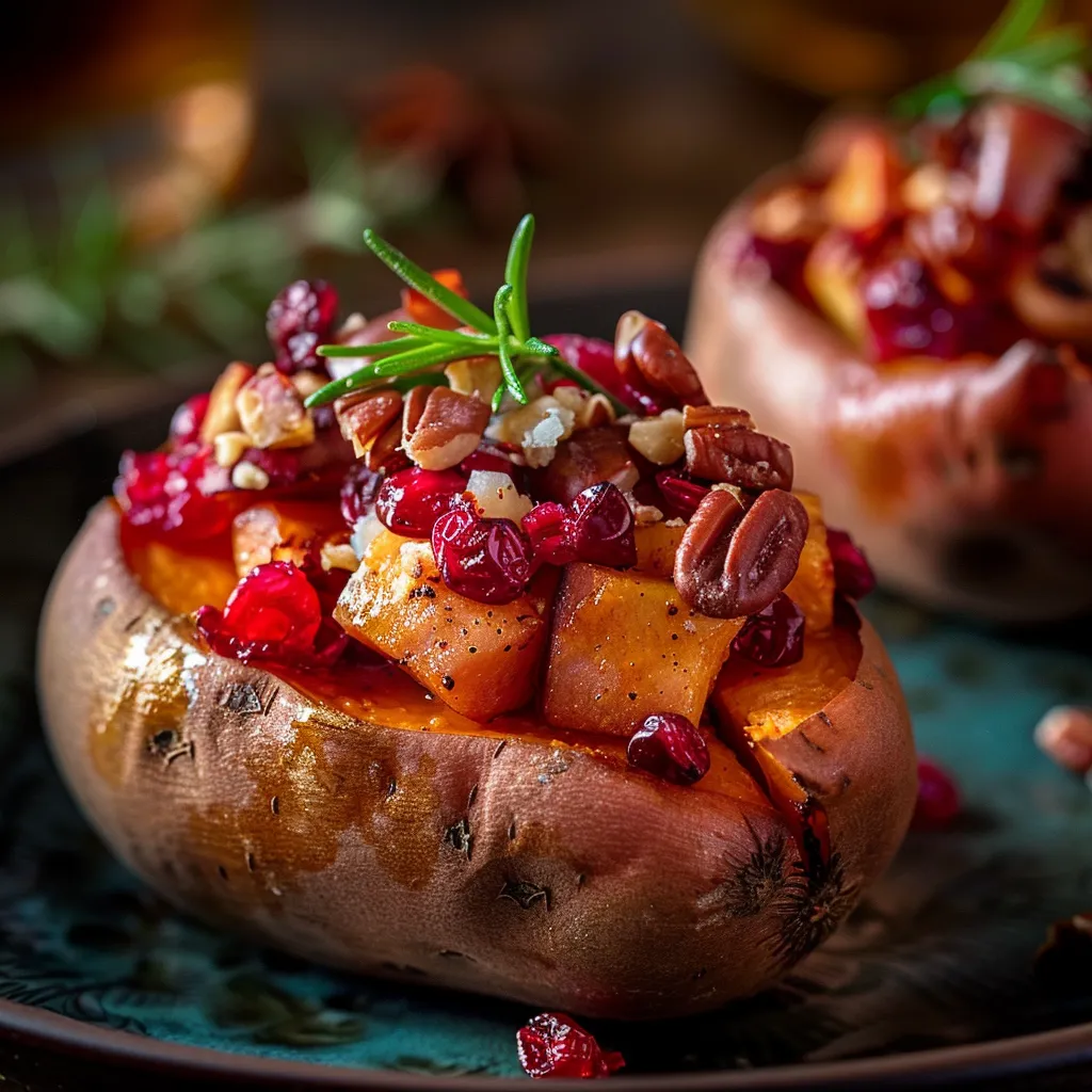 A warm dish of twice-baked sweet potatoes filled with cranberries and apples, presented in natural light.
