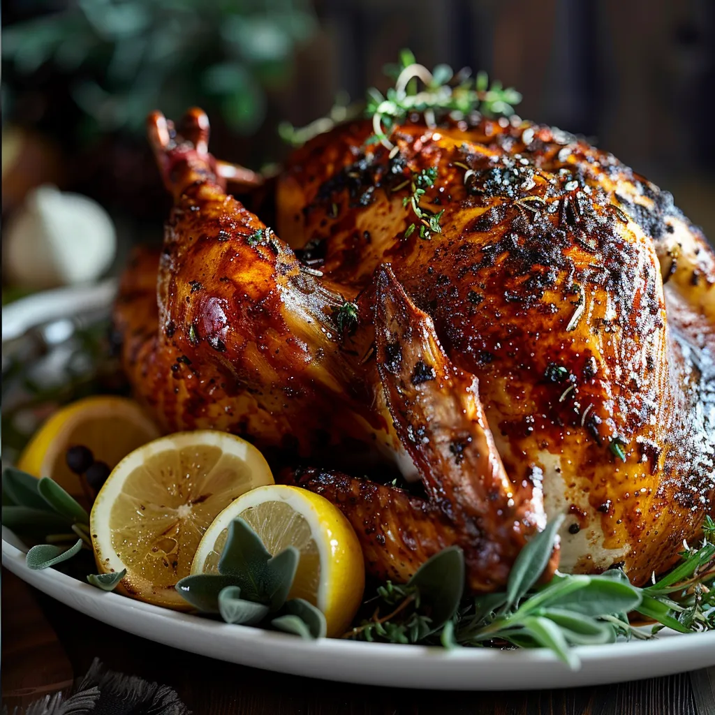 An appetizing Cajun Butter Turkey, garnished with herbs and placed on a rustic table setting.