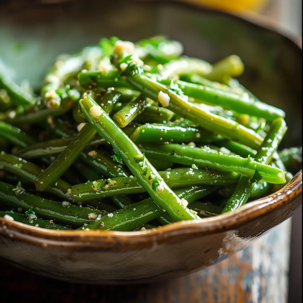Eye-level shot of fresh green beans in garlic butter, highlighting their texture and color.