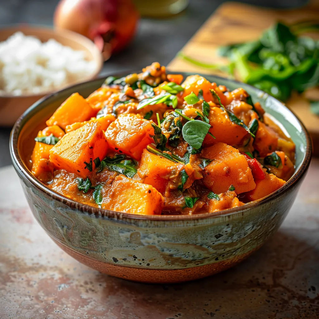 Eye-level shot of creamy sweet potato curry with warm lighting, emphasizing the dish's textures.