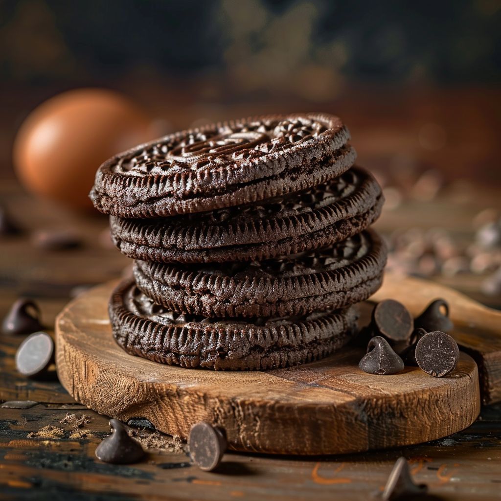 Close-up of a stack of freshly baked Oreo cookies with chocolate chips, showcasing their rich texture.