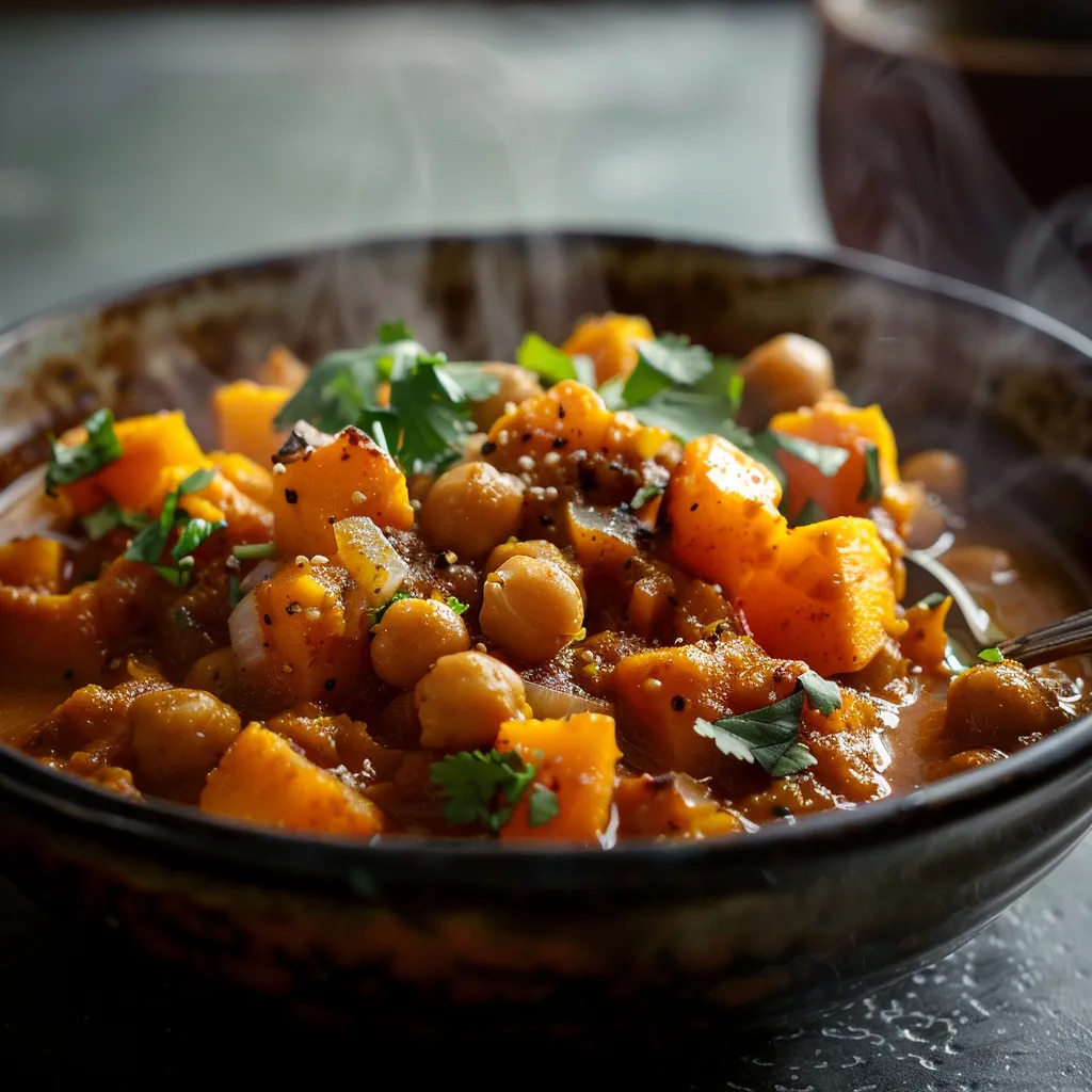 Detailed shot of a steaming bowl of Sweet Potato and Chickpea Curry, showcasing texture and color.