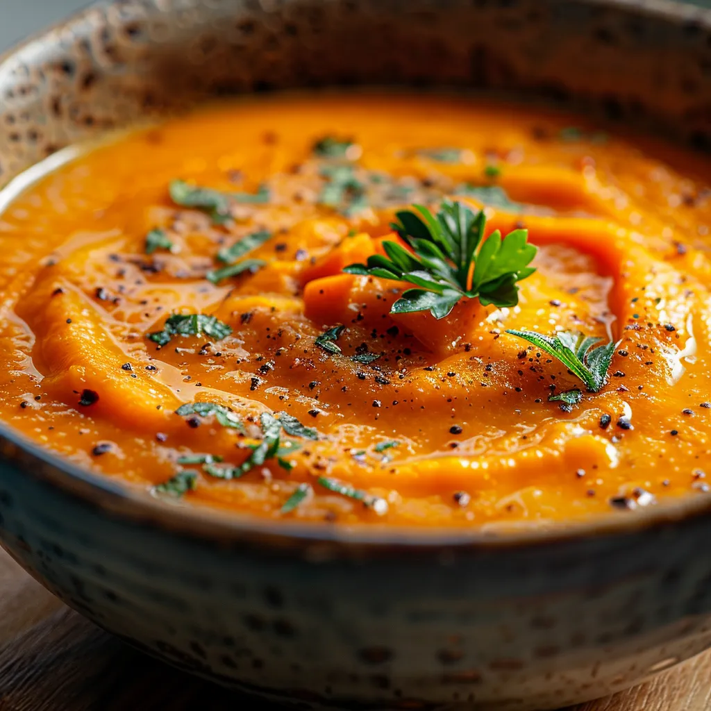 Delicious sweet potato and carrot soup, featuring vibrant color and warm tones, served with a side of fresh herbs.