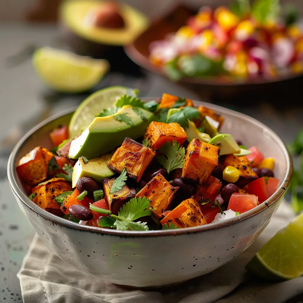 Delicious Sweet Potato Taco Bowl arranged with sweet potatoes, black beans, avocado, and lime, captured in natural light.
