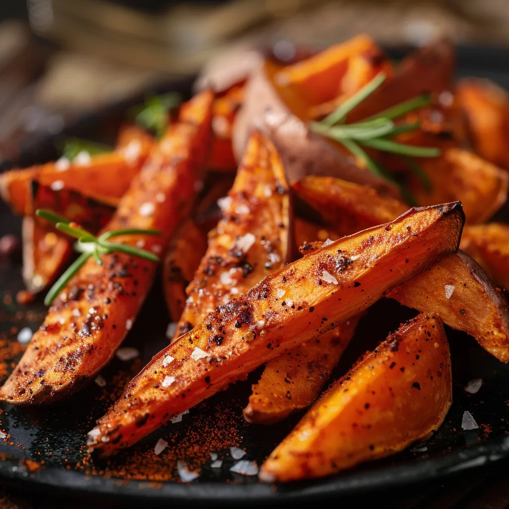 Tantalizing sweet potato fries with a sprinkle of spices, illuminated by soft, warm natural light.