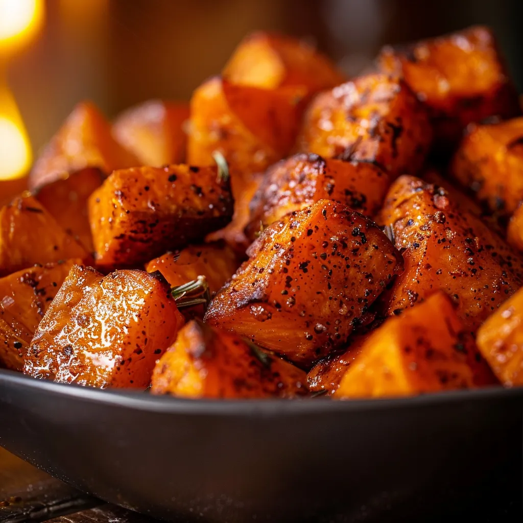 Warm, inviting photograph featuring perfectly roasted sweet potato cubes, highlighting their caramelization and seasoning.