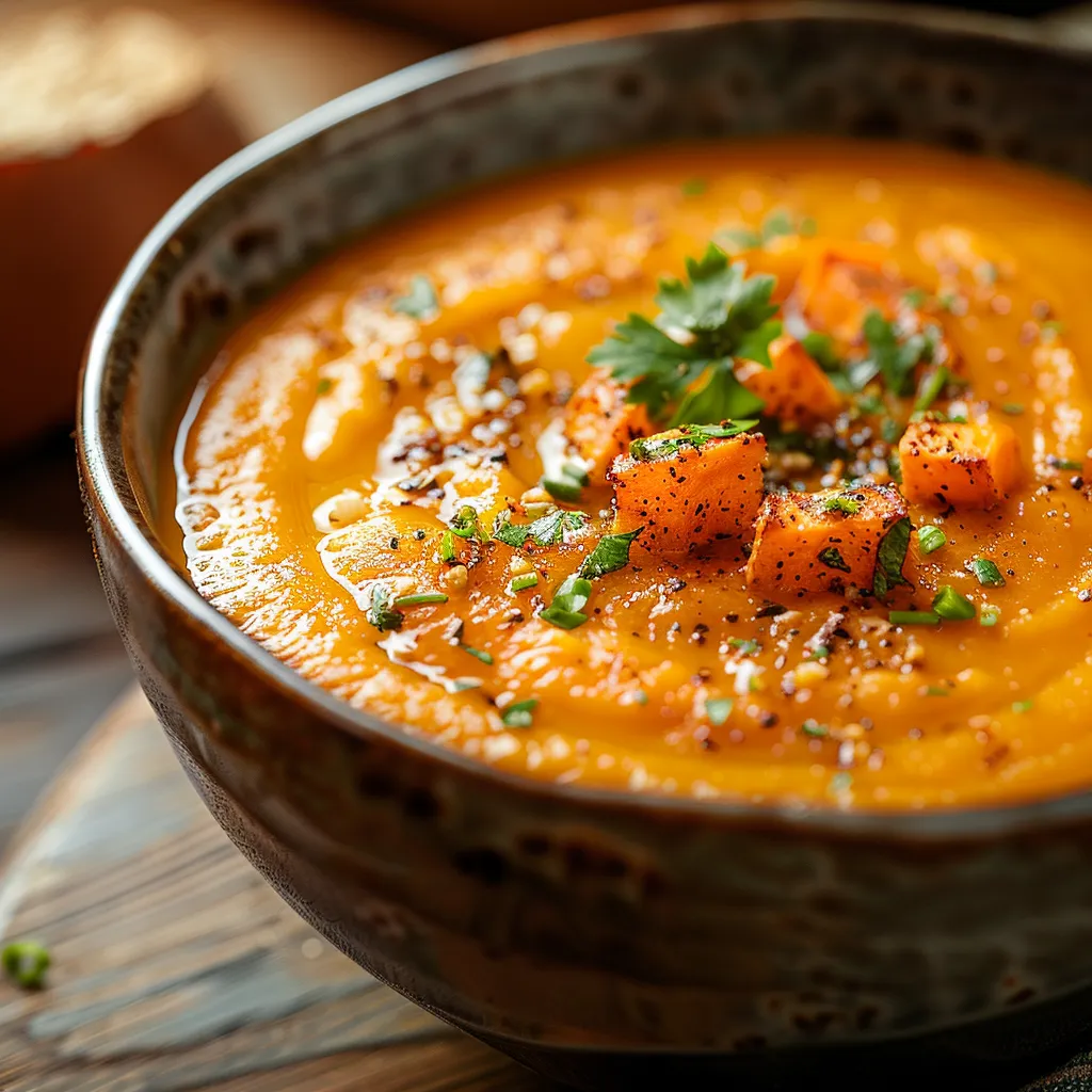 A comforting bowl of roasted sweet potato soup, showcasing vibrant orange color and warm lighting.