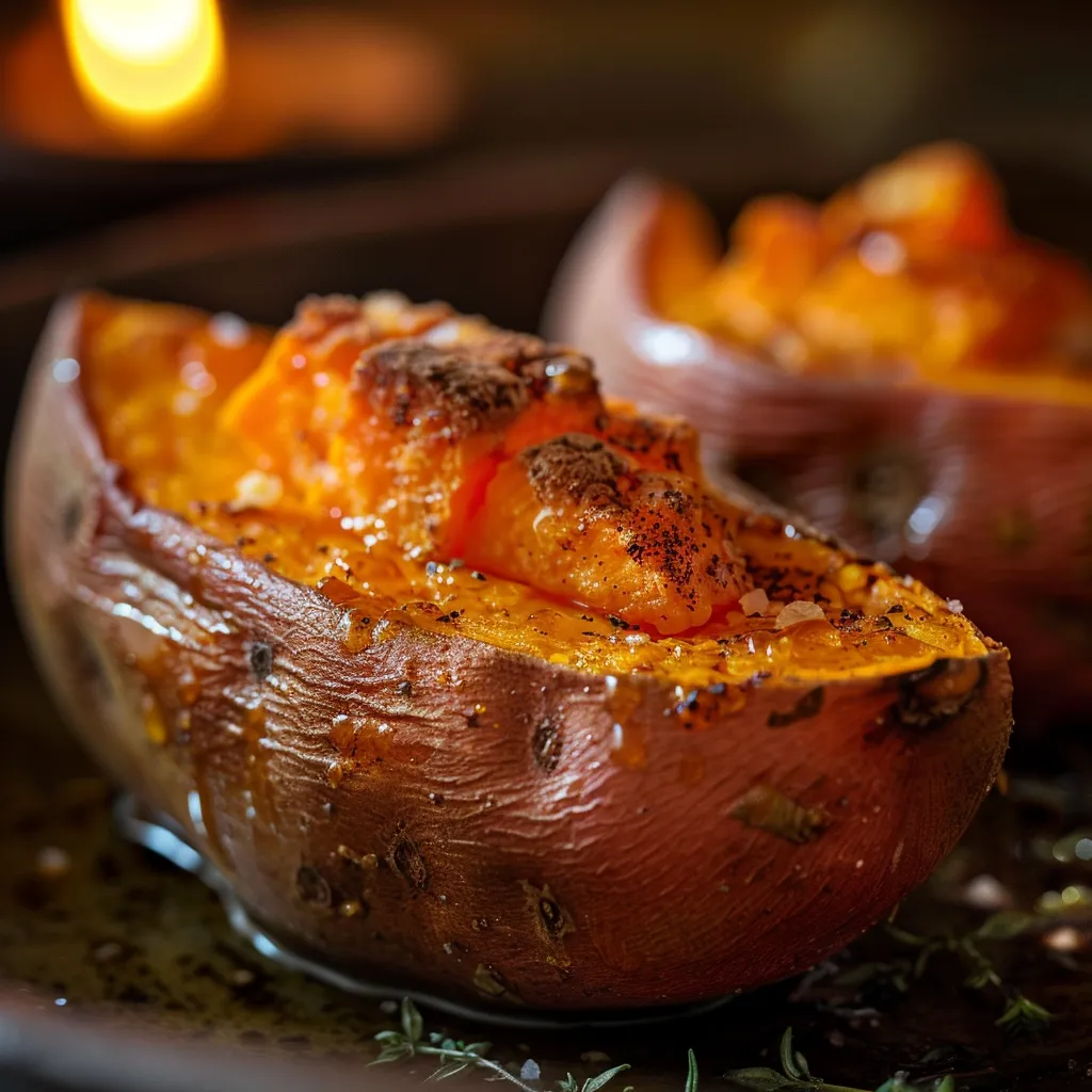 A warm baked sweet potato served on a plate, emphasizing its texture and inviting appearance.