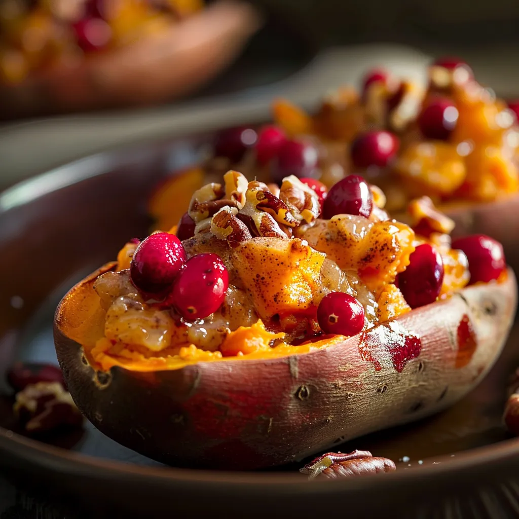 A delicious serving of cranberry apple stuffed sweet potatoes, showcasing vibrant colors and a creamy texture.