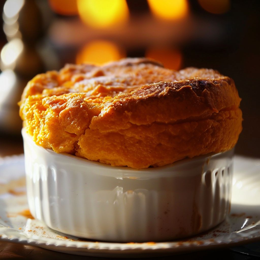 Close-up of a fluffy Sweet Potato Soufflé with a golden top in a white dish.