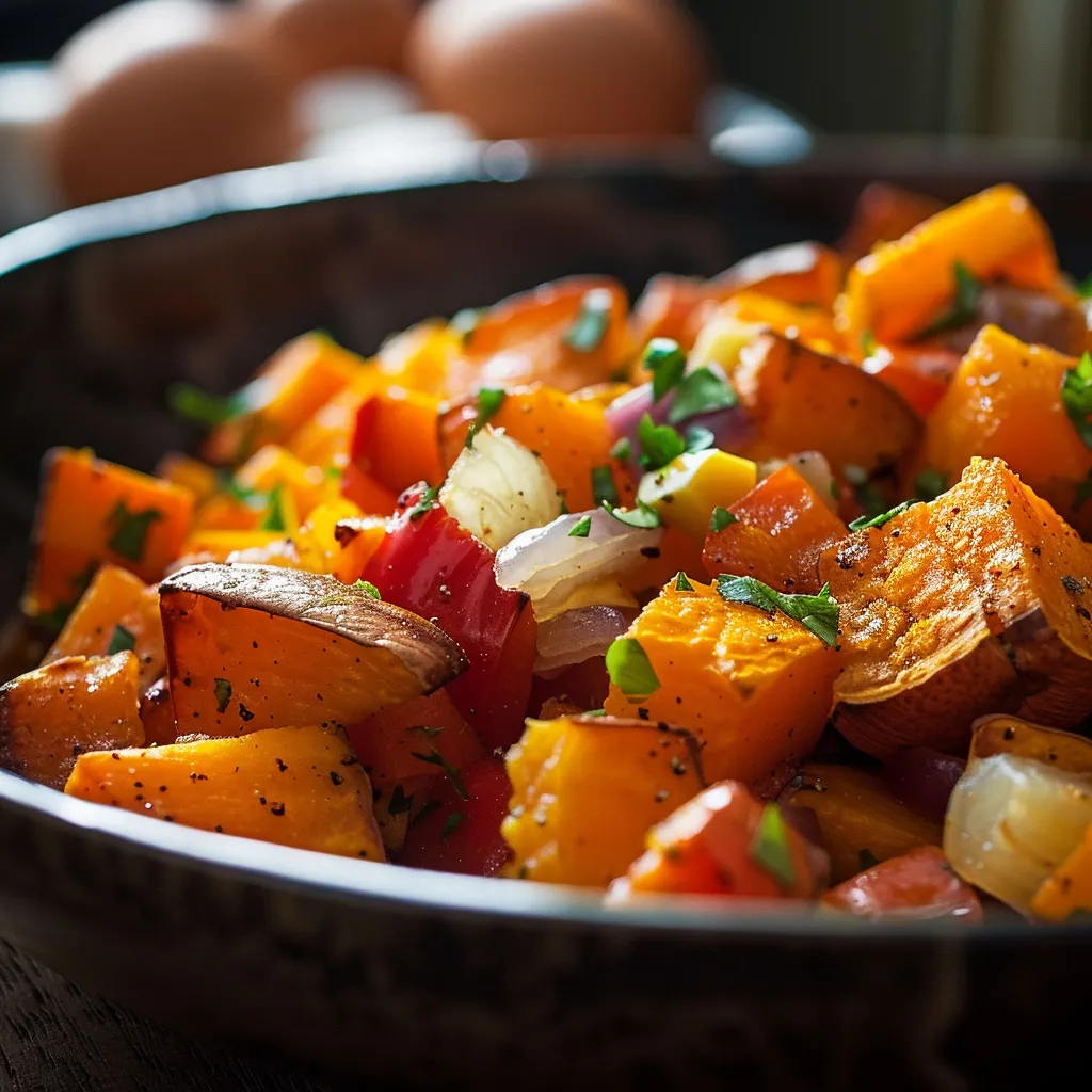 Delicious sweet potato hash richly colored with paprika and herbs, captured in warm, natural lighting.
