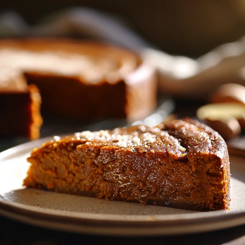 Detailed view of a slice of Flourless Sweet Potato Ginger Cake showcasing its texture and natural colors.
