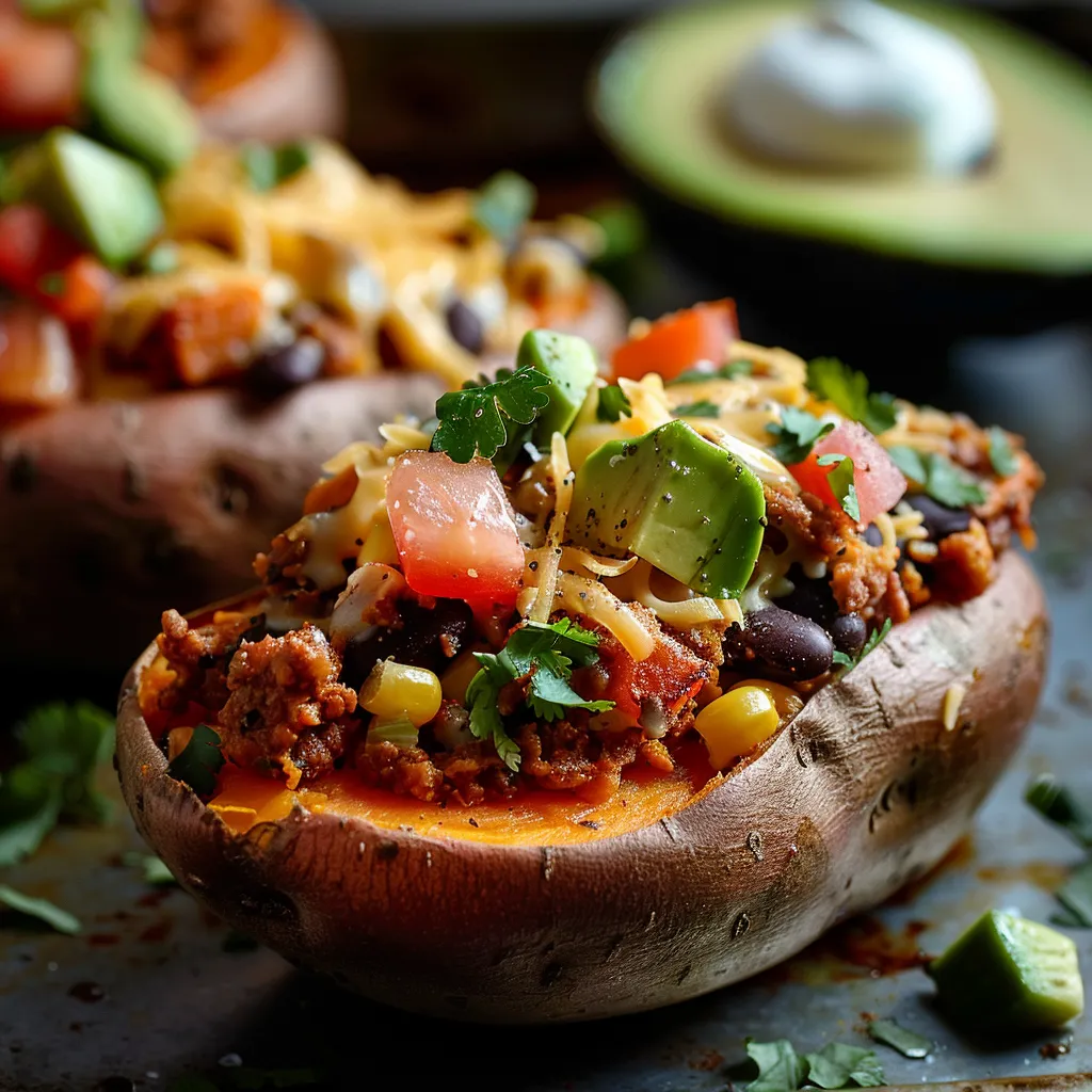 Colorful presentation of a stuffed sweet potato garnished with cilantro and diced avocado.