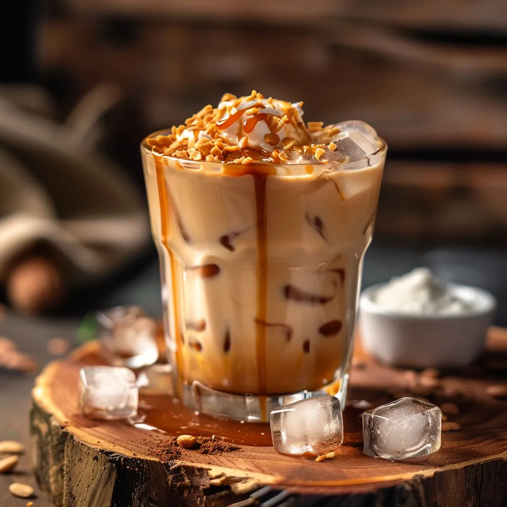 Close-up of a creamy Caramel Almond Milk Iced Coffee topped with whipped cream and caramel drizzle.