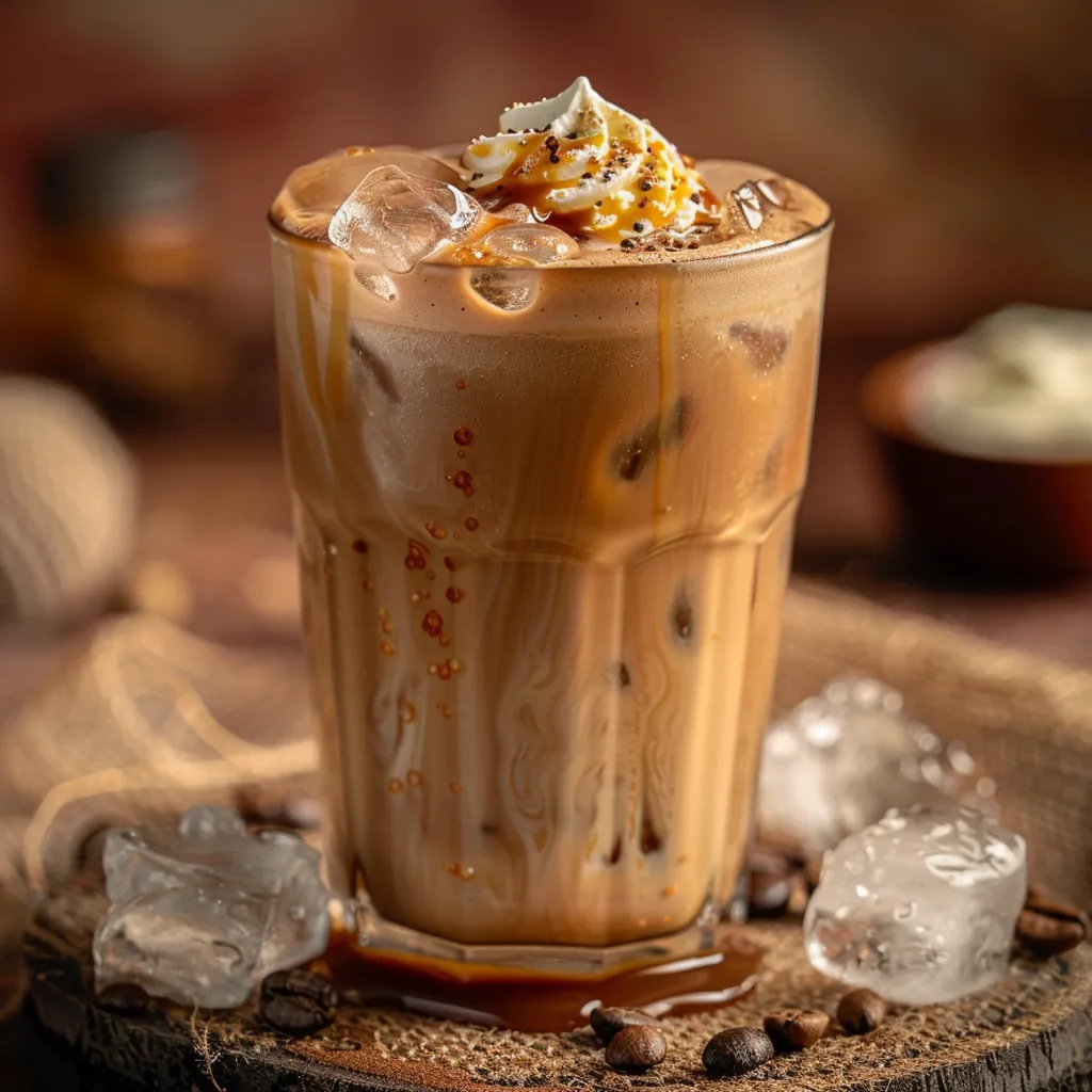 Close-up of a Caramel Almond Milk Iced Coffee with whipped cream and caramel drizzle.