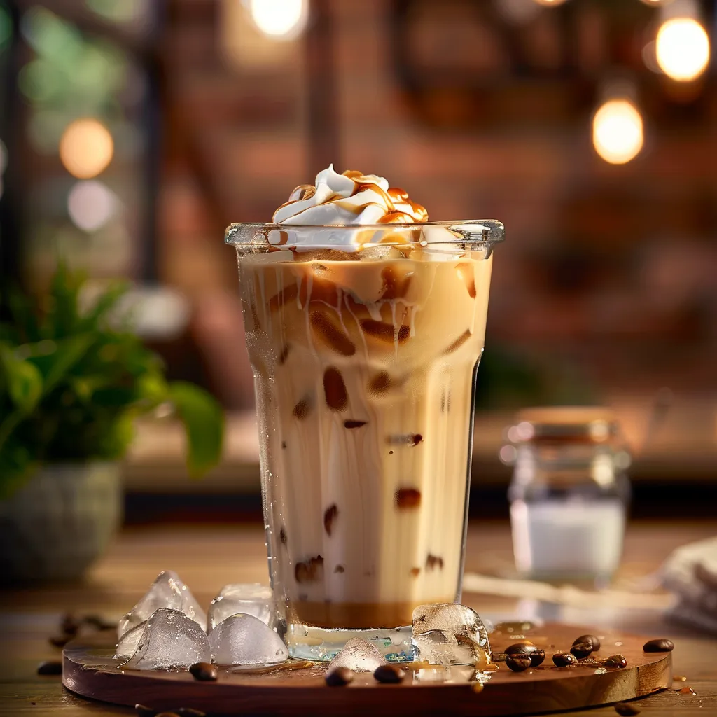 Close-up of a glass filled with iced coffee, caramel swirls, and almond milk.