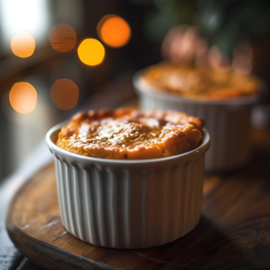 A close-up of a golden-brown Sweet Potato Soufflé with a fluffy texture.
