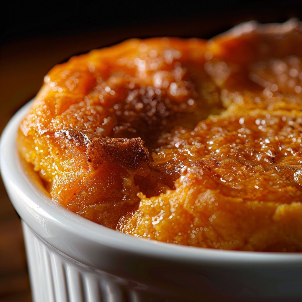 Close-up of a creamy Sweet Potato Souffle topped with a sprinkle of cinnamon.