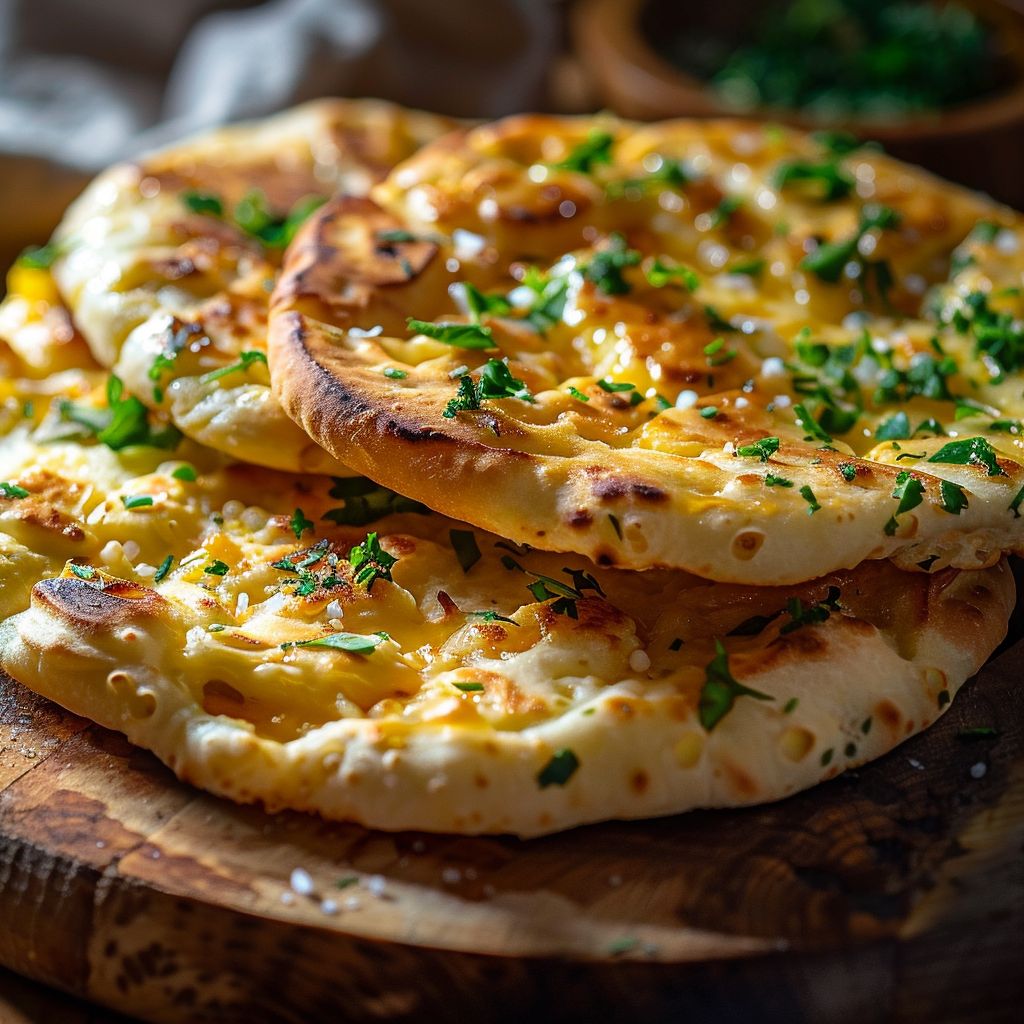 Close-up of golden-brown cottage cheese flatbreads on a rustic plate, showcasing their fluffy texture.