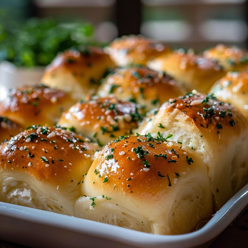 Close-up shot of garlic butter dinner rolls with a golden crust, placed on a rustic background.