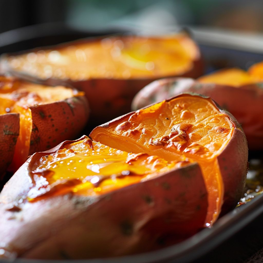 Close-up of baked Japanese sweet potatoes on a plate with a golden-brown exterior.