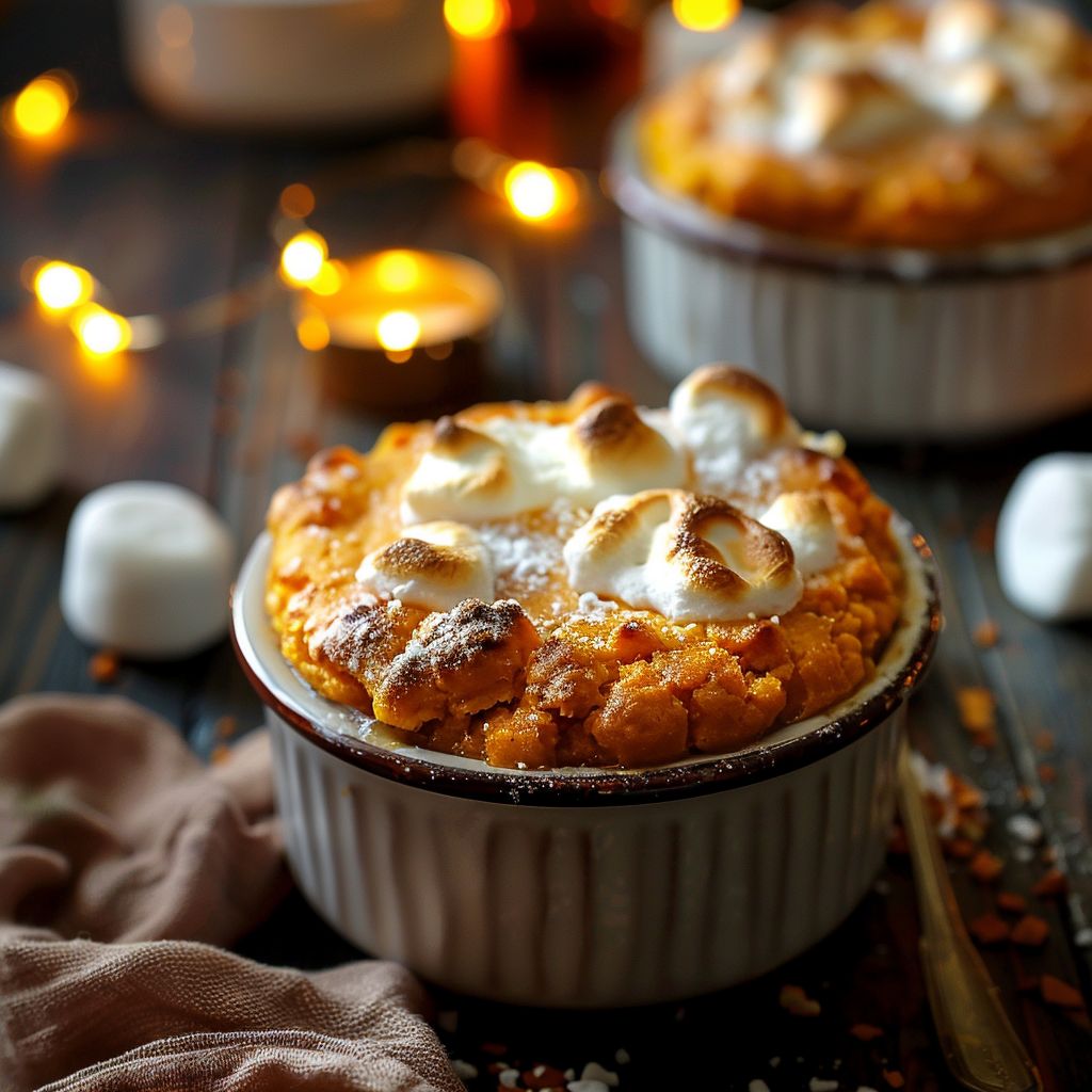Close-up of a golden-brown sweet potato souffle in a baking dish, topped with mini marshmallows.