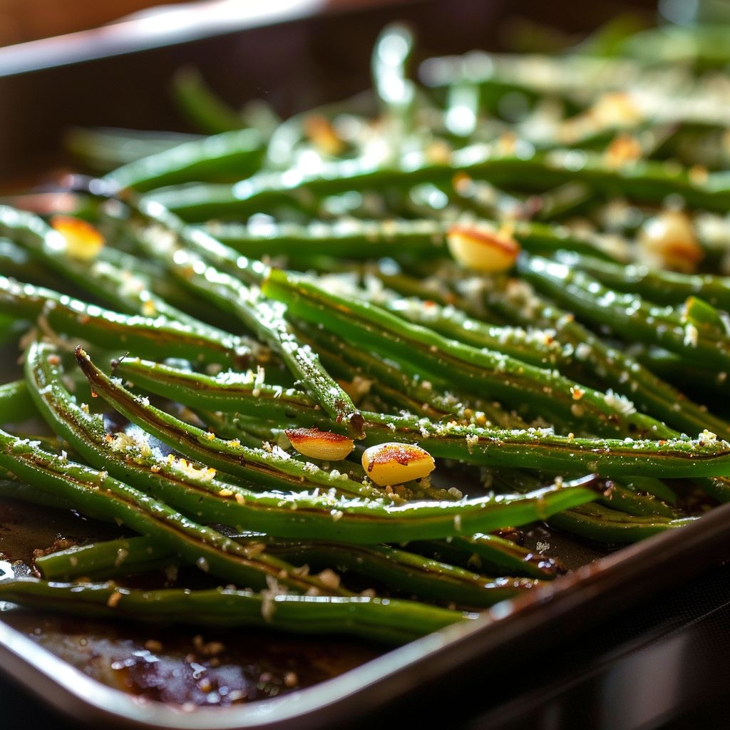Close-up of roasted green beans garnished with garlic and parmesan, with a blurred background.