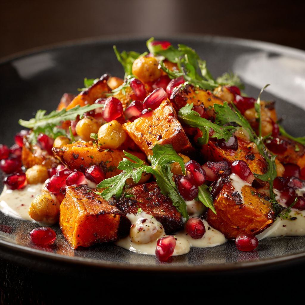 Close-up of a sweet potato topped with crispy butter beans, showcasing rich textures and colors.