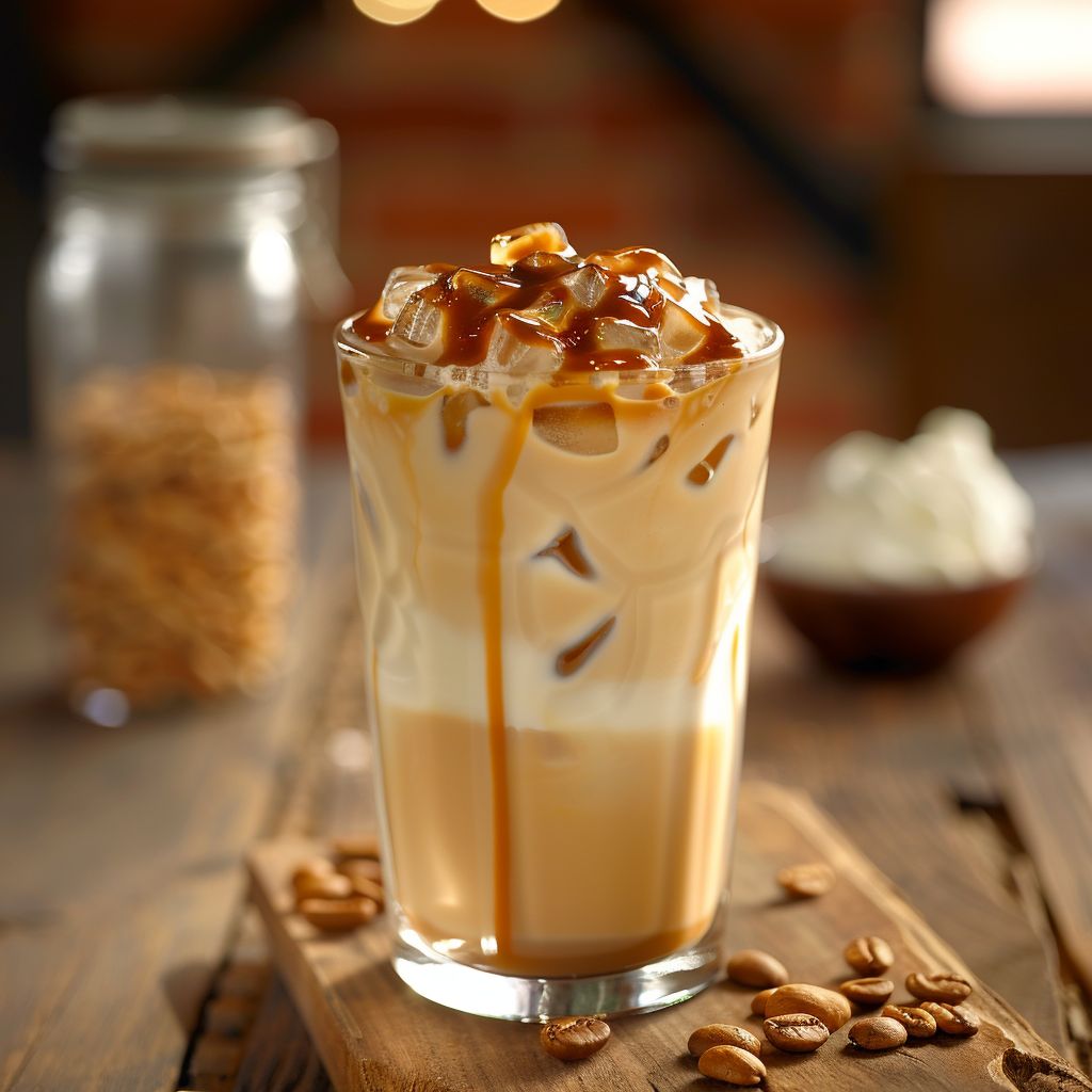 Close-up of a caramel almond milk iced coffee in a glass, topped with whipped cream and caramel drizzle.