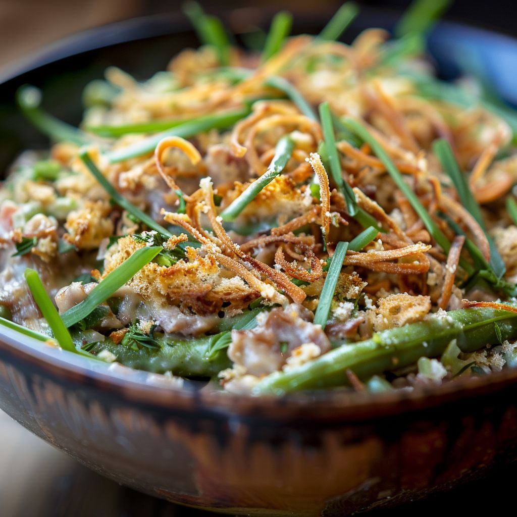 A green bean casserole served in a white baking dish, topped with crispy fried onions.