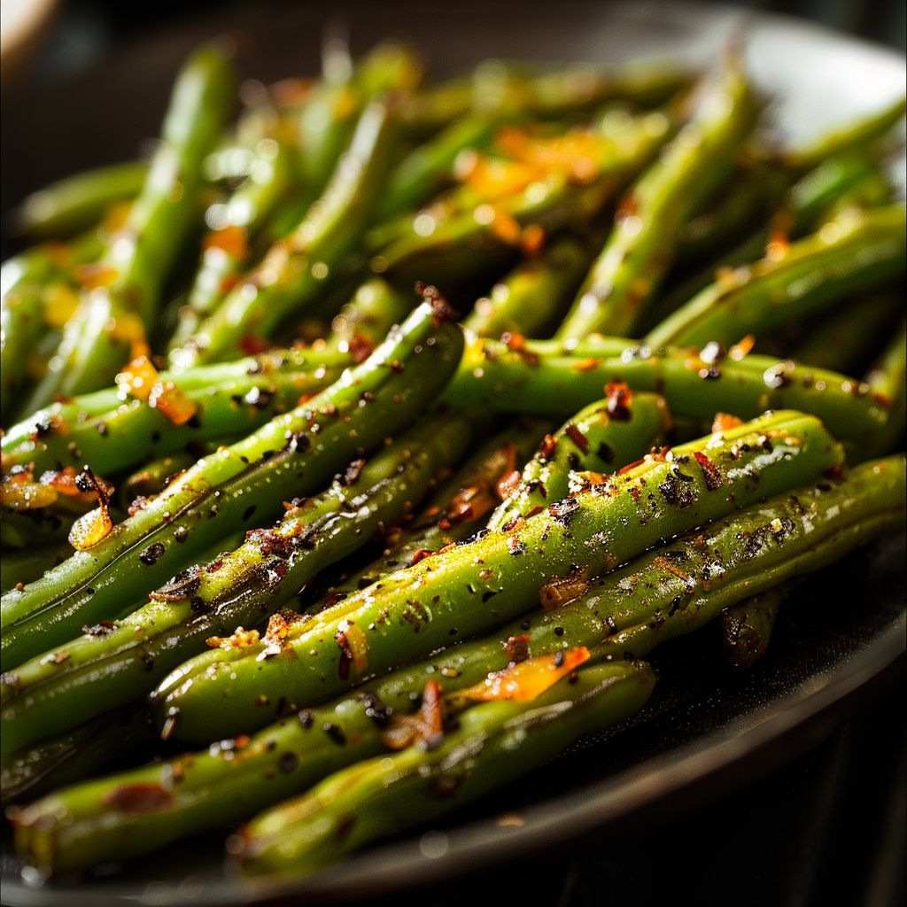 Delicious green bean casserole with crispy onion topping in a rustic dish.