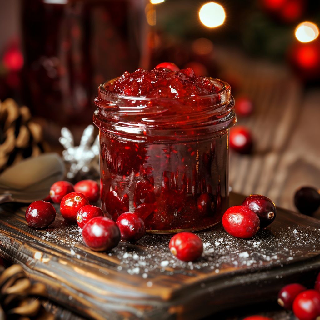 A jar of vibrant cranberry jam beside fresh cranberries and herbs on a rustic wooden table.