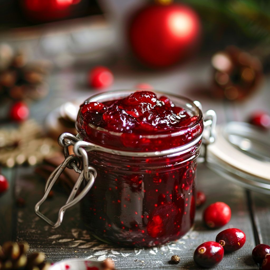 A jar of vibrant red cranberry jam surrounded by fresh cranberries and rosemary sprigs.