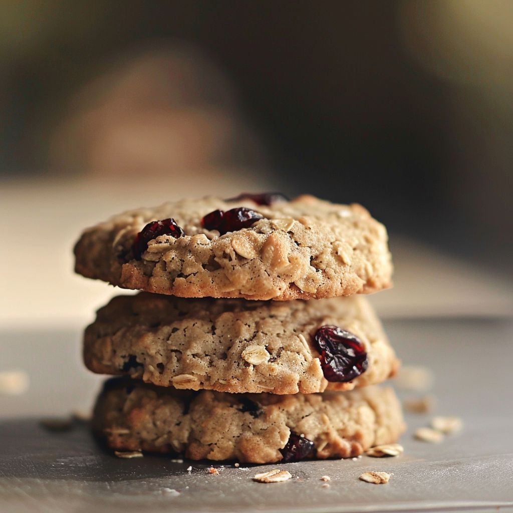 A close-up view of cranberry oatmeal cookies on a wooden surface, showcasing their chewy texture and bright red cranberries.