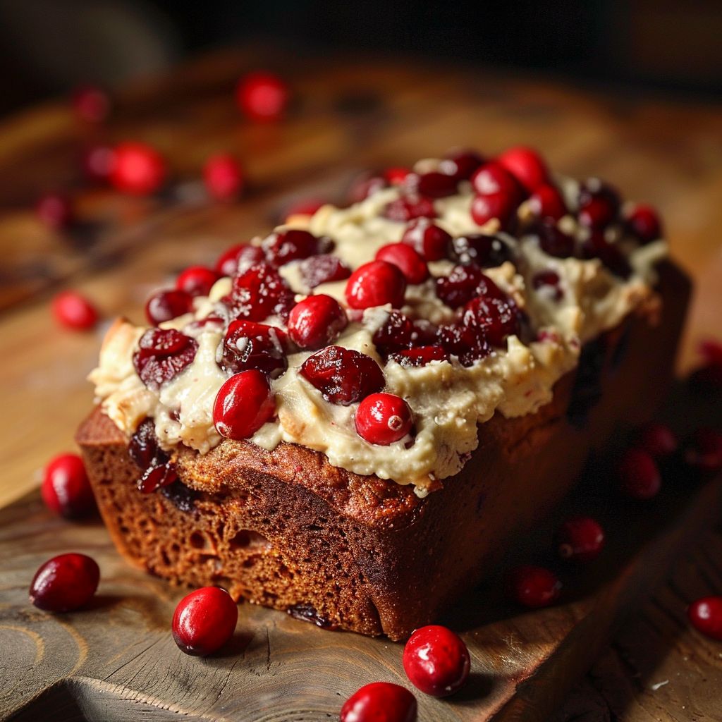 A freshly baked Cream Cheese Cranberry Loaf on a rustic wooden table, showcasing a golden crust and vibrant cranberry bits.