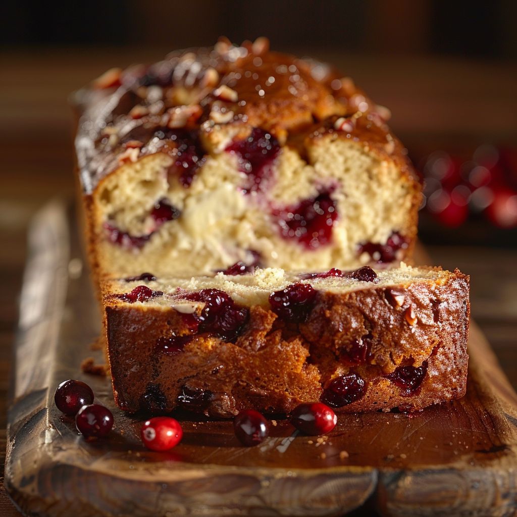 A freshly baked Cream Cheese Cranberry Loaf cut into slices, showcasing its moist texture and vibrant cranberry pieces.