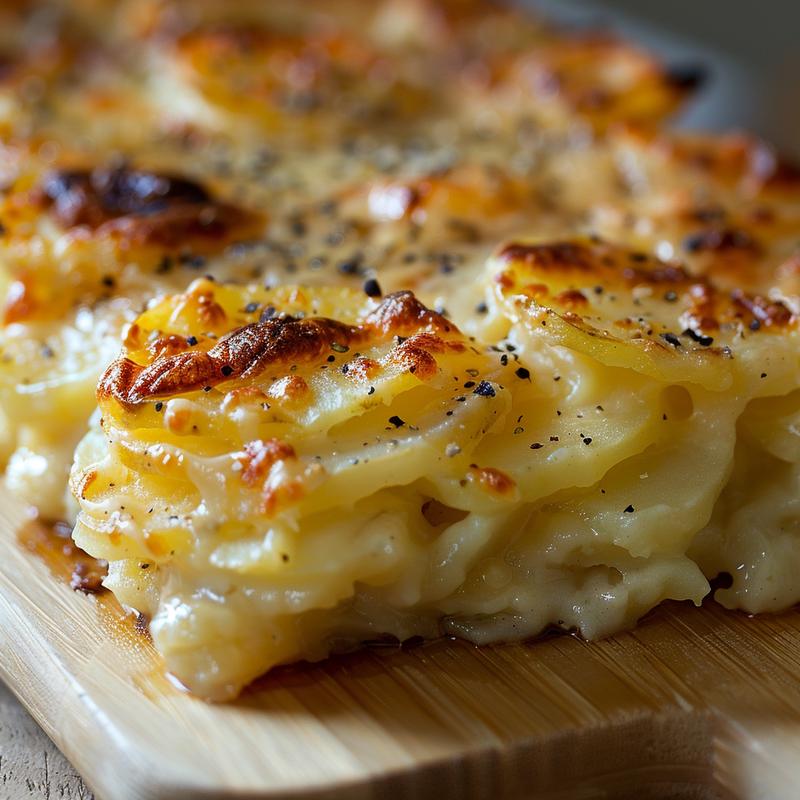 A close-up of creamy French potato casserole with a golden top, resting on a light wood board.