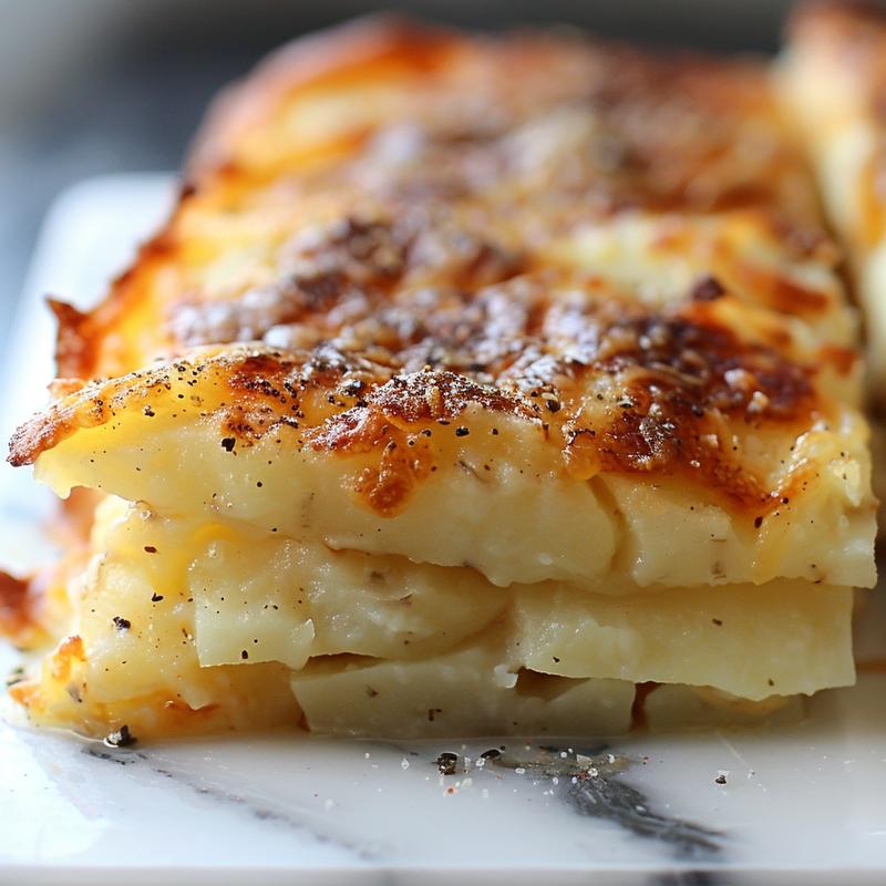 Close-up of creamy potato casserole with a golden crust on a white marble surface.