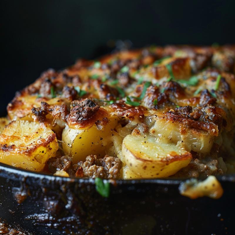 Close-up of a baked ground beef and potatoes casserole, highlighting the golden crust and rich textures.