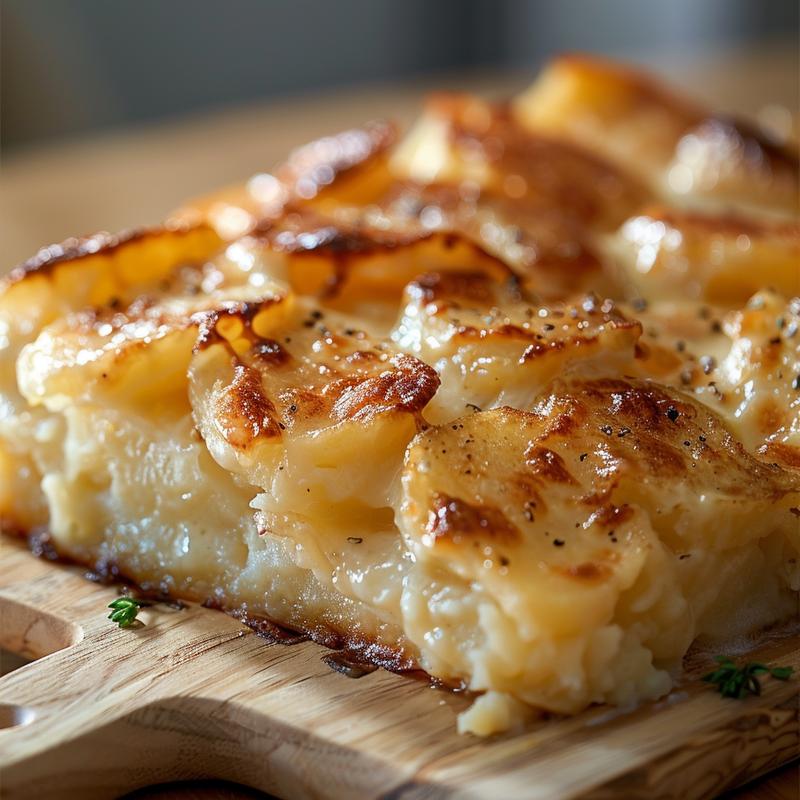 A close-up of creamy French potato casserole with a golden top, resting on a light wood board.