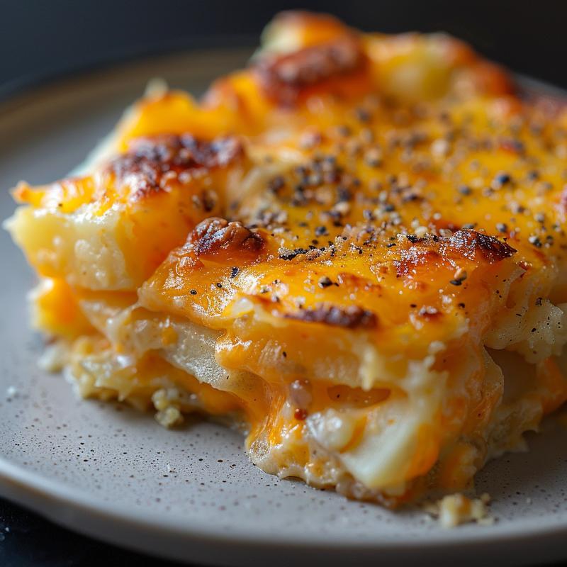 Close-up of a cheesy cheddar hash brown potato casserole on a wooden board.